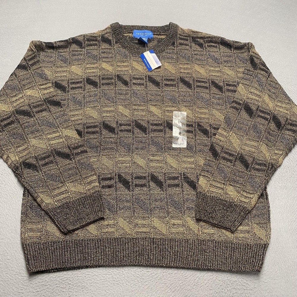 Towncraft Sweater Mens 2XL Brown Geometric Knit Crewneck Pullover‎ Acrylic